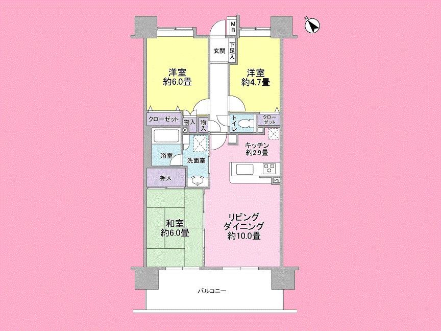 Floor plan. 3LDK, Price 18,980,000 yen, Occupied area 64.26 sq m , Balcony area 12.22 sq m