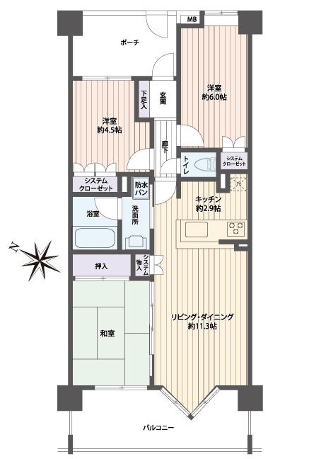 Floor plan. 3LDK, Price 18,880,000 yen, Footprint 64.4 sq m , Balcony area 10.56 sq m