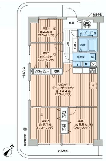 Floor plan. 4LDK, Price 17.5 million yen, Footprint 78 sq m , Balcony area 26.31 sq m