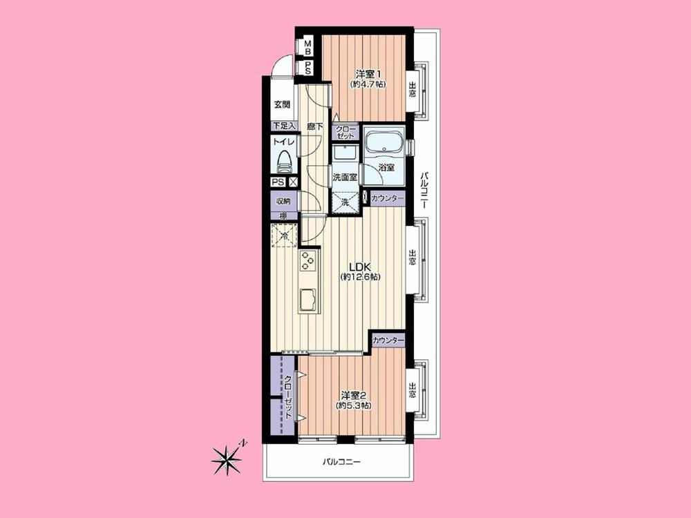 Floor plan. 2LDK, Price 14.8 million yen, Occupied area 56.85 sq m , Balcony area 3.83 sq m