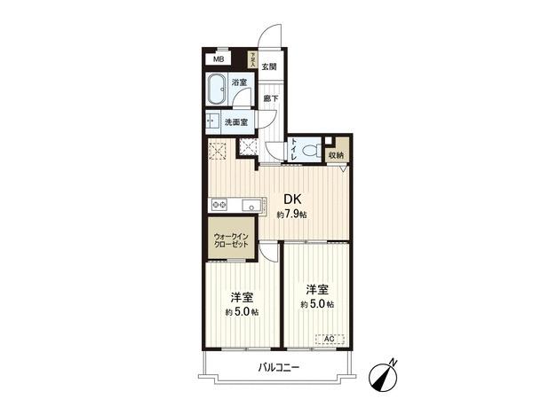 Floor plan. 2DK, Price 11.3 million yen, Occupied area 43.98 sq m , Balcony area 5.88 sq m