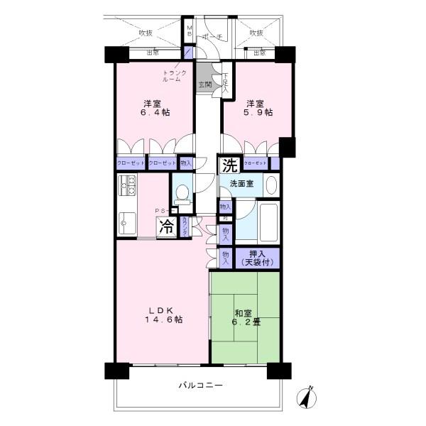 Floor plan. 3LDK, Price 37,800,000 yen, Occupied area 74.83 sq m , Balcony area 12.8 sq m