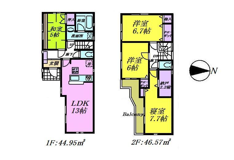 Floor plan. 26,800,000 yen, 4LDK, Land area 100.73 sq m , Building area 91.52 sq m of face-to-face kitchen LDK and the Japanese-style room 5 quires, Western-style 7.7 Pledge ・ Western-style 6 Pledge ・ Western-style easy-to-use floor plan of 4LDK of 6.7 quires. 