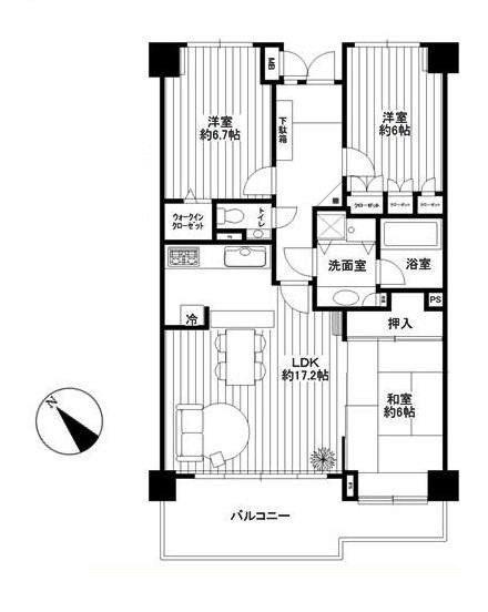 Floor plan. 3LDK, Price 27,900,000 yen, Occupied area 87.58 sq m , Balcony area 14.37 sq m is a whole room with storage.