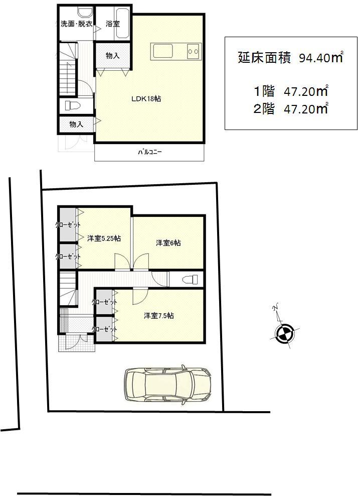 Compartment view + building plan example. Building plan example, Land price 25.6 million yen, Land area 95 sq m building area 94.4 square meters Floor 2 ~ 3LDK Wooden 2-story Building reference price 15 million yen (all-inclusive)