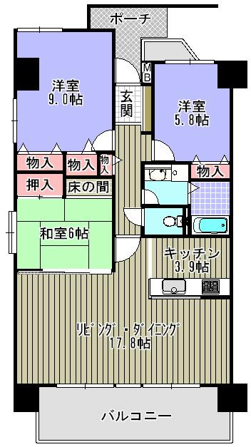 Floor plan. 3LDK, Price 19,800,000 yen, It is the exclusive area of ​​88.16 sq m angle room spacious 3LDK!