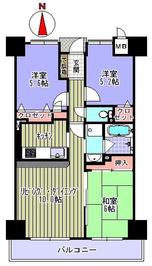 Floor plan. 3LDK, Price 15.8 million yen, Is the exclusive area of ​​64.49 sq m south-facing 3LDK.