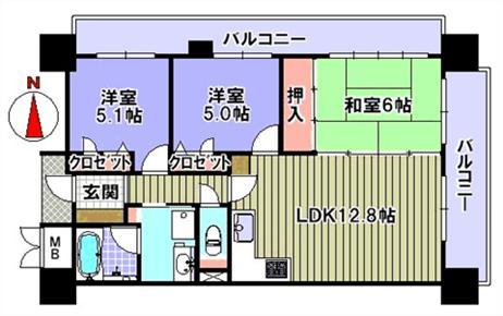 Floor plan. 3LDK, Price 16.8 million yen, Occupied area 64.45 sq m , Balcony area 20 sq m