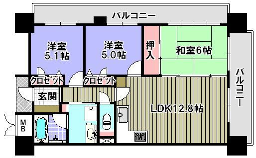 Floor plan. 3LDK, Price 16.8 million yen, Occupied area 64.45 sq m