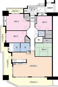 Floor plan. 4LDK, Price 27.5 million yen, Footprint 108.36 sq m , Balcony area 37.81 sq m Hiroshi 6 ・ Hiroshi 9 ・ Sum 6 ・ LDK22.8