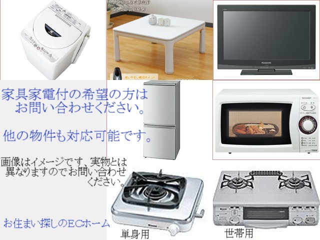 Other Equipment. Furnished consumer electronics (TV ・ refrigerator ・ Washing machine ・ range ・ Gas stove ・ Kotatsu