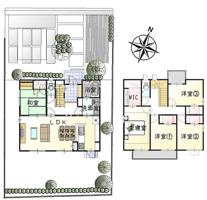 Floor plan.  [No. 45 place] So we have drawn on the basis of the Plan view] drawings, Plan and the outer structure ・ Planting, such as might actually differ slightly from.  Also, Furniture is not included in the price.   ※ WIC = walk-in closet