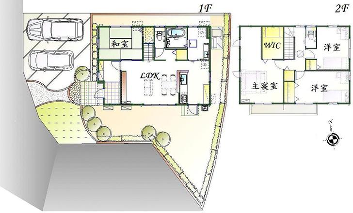 Floor plan.  [No. 4 place] So we have drawn on the basis of the Plan view] drawings, Plan and the outer structure ・ Planting, such as might actually differ slightly from.  Also, furniture ・ Car, etc. are not included in the price. (WIC: walk-in closet)