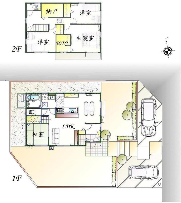 Floor plan.  [No. 7 land] So we have drawn on the basis of the Plan view] drawings, Plan and the outer structure ・ Planting, such as might actually differ slightly from.  Also, furniture ・ Car, etc. are not included in the price. (WIC: walk-in closet)