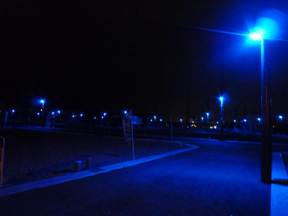 Cityscape Rendering. Kyoto! Blue security lights (LED) adopted.  By adopting a blue security lights to the utility pole lamps, We can expect that crime is reduced. further, By standard equipped with a home security to all households, We enhance the crime prevention measures in the entire town. 