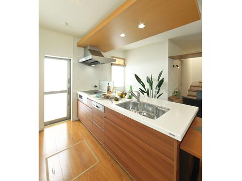 Model house photo. System kitchen artificial marble countertops the beginning glass top stove, Slide storage, Equipped with advanced features such as dish washing and drying machine. Life feeling model house (No. 7 locations)
