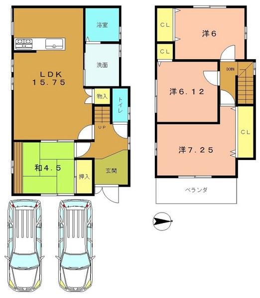 Compartment view + building plan example. Building plan example, Land price 15,050,000 yen, Land area 120.12 sq m , Building price 14,750,000 yen, Building area 92.95 sq m