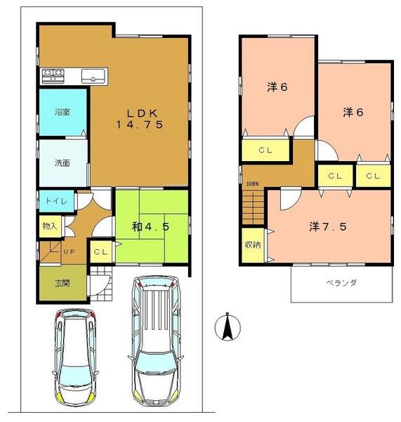 Compartment view + building plan example. Building plan example, Land price 13,790,000 yen, Land area 92.99 sq m , Building price 14,010,000 yen, Building area 88.29 sq m