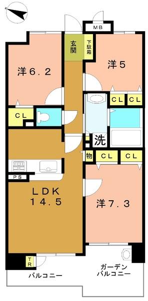 Floor plan. 3LDK, Price 19,800,000 yen, Occupied area 71.35 sq m , Balcony area 13.38 sq m