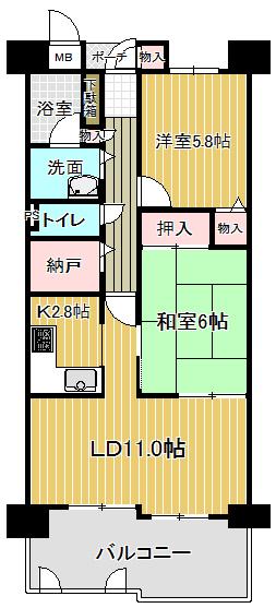 Floor plan. 2LDK, Price 6.5 million yen, Occupied area 58.33 sq m
