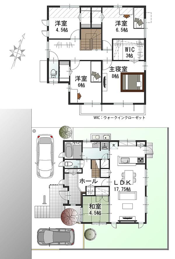 Floor plan.  [No. 6 areas] So we have drawn on the basis of the Plan view] drawings, Plan and the outer structure ・ Planting, such as might actually differ slightly from.  Also, furniture ・ Car, etc. are not included in the price. 