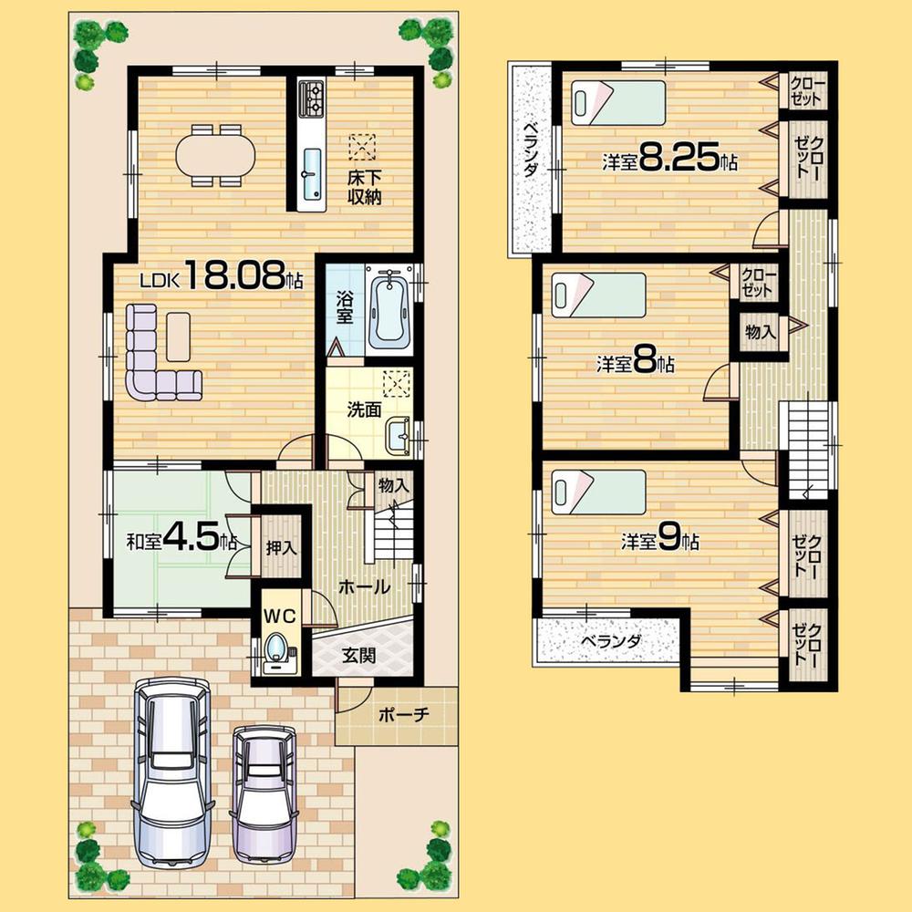 Floor plan. 21,800,000 yen, 4LDK, Land area 100 sq m , Building area 108 sq m spacious 4LDK!  Parking two Allowed!  Face-to-face system Kitchen! 