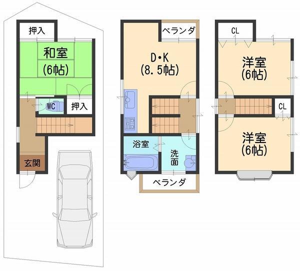 Floor plan. 12.8 million yen, 3DK, Land area 44.4 sq m , Building area 76.68 sq m