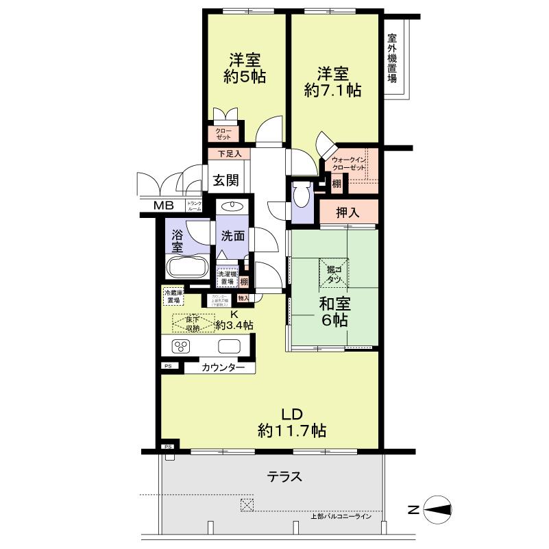 Floor plan. 3LDK, Price 31,800,000 yen, Occupied area 72.38 sq m , Balcony area 15.24 sq m