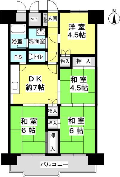 Floor plan. 4DK, Price 7.2 million yen, Footprint 64.5 sq m , Balcony area 10.75 sq m