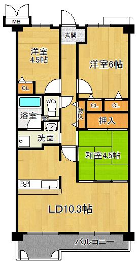 Floor plan. 3LDK, Price 9.3 million yen, Occupied area 61.41 sq m , Balcony area 8.98 sq m