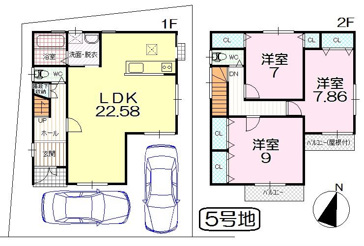 Floor plan. (No. 5 locations), Price 22,800,000 yen, 3LDK, Land area 103.7 sq m , Building area 108.8 sq m