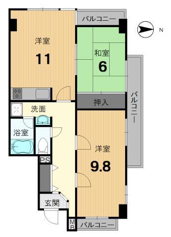 Floor plan. 2LDK, Price 13.5 million yen, Occupied area 58.29 sq m , Balcony area 11.15 sq m