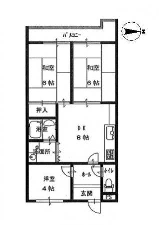 Floor plan. 3DK, Price 8.9 million yen, Footprint 44.4 sq m , Balcony area 5.04 sq m