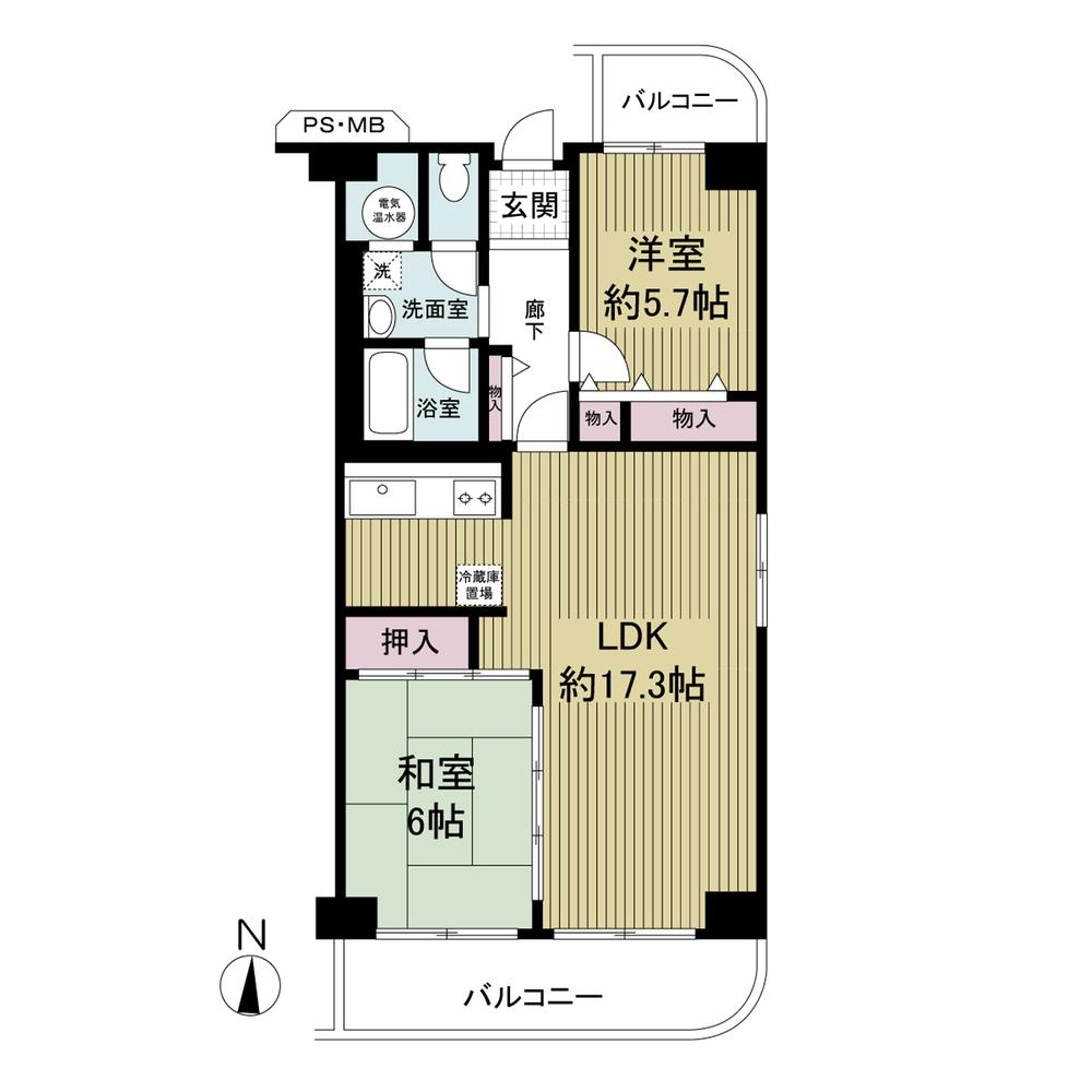 Floor plan. 2LDK, Price 14.3 million yen, Occupied area 65.67 sq m , Balcony area 11.27 sq m