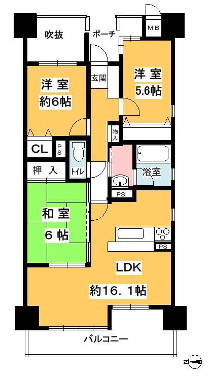 Floor plan. 3LDK, Price 12.9 million yen, Occupied area 75.46 sq m , Balcony area 9.74 sq m