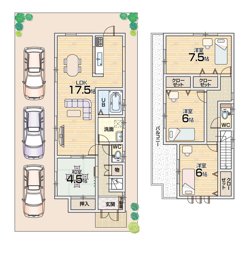 Floor plan. 26,300,000 yen, 4LDK + S (storeroom), Land area 113.78 sq m , Building area 99.36 sq m car park 3 cars Site size of garden space have leeway Bright all room south lighting mansion