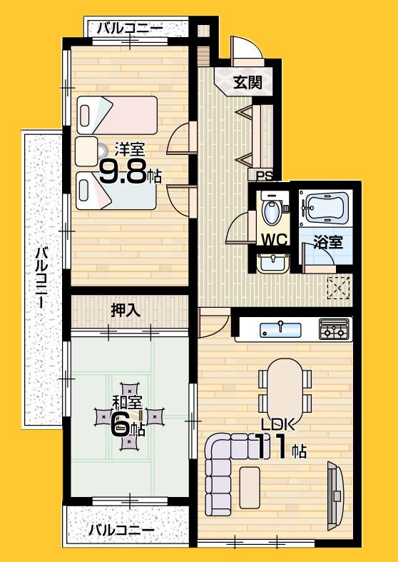 Floor plan. 2LDK, Price 14.9 million yen, Occupied area 58.29 sq m , Balcony area 11.15 sq m square room. Good view.