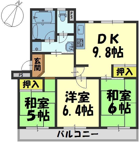 Floor plan. 3DK, Price 5.8 million yen, Occupied area 57.58 sq m , Balcony area 10 sq m