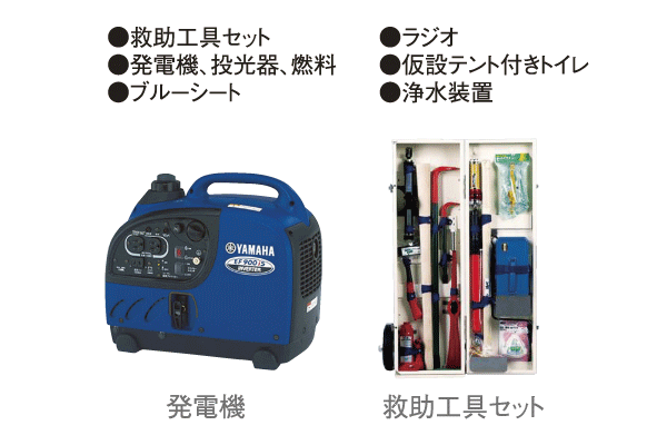 earthquake ・ Disaster-prevention measures.  [Disaster prevention stockpile warehouse] Prepare for the event of a disaster, Set up a disaster stockpile warehouse in the building. Makeshift tent with toilet, Water purification equipment to ensure the drinking water, Power to become a generator such as, Plans to stockpile emergency supplies available in the entire apartment (one example of the stockpile)
