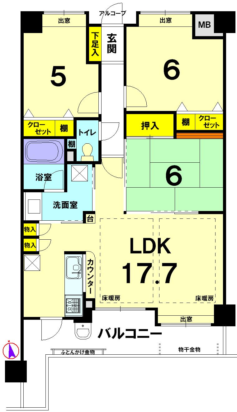 Floor plan. 3LDK, Price 35,500,000 yen, Occupied area 75.51 sq m , Balcony area 13.99 sq m