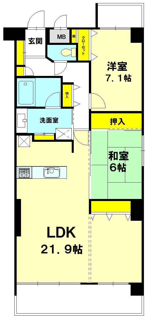 Floor plan. 2LDK, Price 36,800,000 yen, Occupied area 79.97 sq m , Balcony area 11.91 sq m