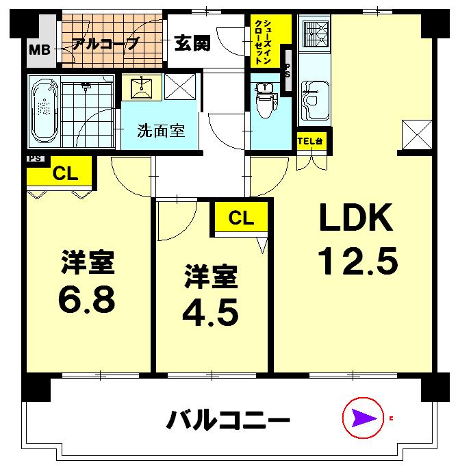 Floor plan. 2LDK, Price 25,800,000 yen, Footprint 54.8 sq m , Balcony area 15.7 sq m
