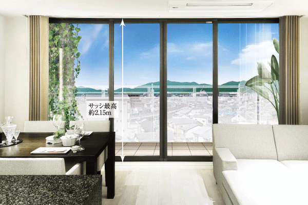 Living.  [living ・ dining] Bright and airy living ・ In order to realize the dining, Adopted Haisasshi of up to about 2.15m in the balcony side opening. Ceiling height also adopted about 2.5m. In a space that becomes the center of life, It brings a rich light and spread ※ The height of the sash depends on the dwelling unit ※ Some CG process is empty, etc.. In fact a slightly different ( ※ A type model room / Some premium order ・ Options Work / Compensation ・ Application deadline Yes)