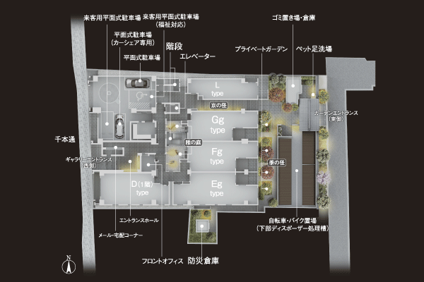 Buildings and facilities. In the overall plan, Emphasis on taste of the unique ancient city not only features and disaster prevention. Pets foot washing place and disaster prevention warehouse to comfortable together of life with pets, Has provided, such as quartzite impressive Tsuboniwa Ya garden (site layout)