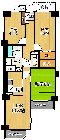 Floor plan. 3LDK, Price 20.8 million yen, Occupied area 61.59 sq m , Balcony area 5.45 sq m