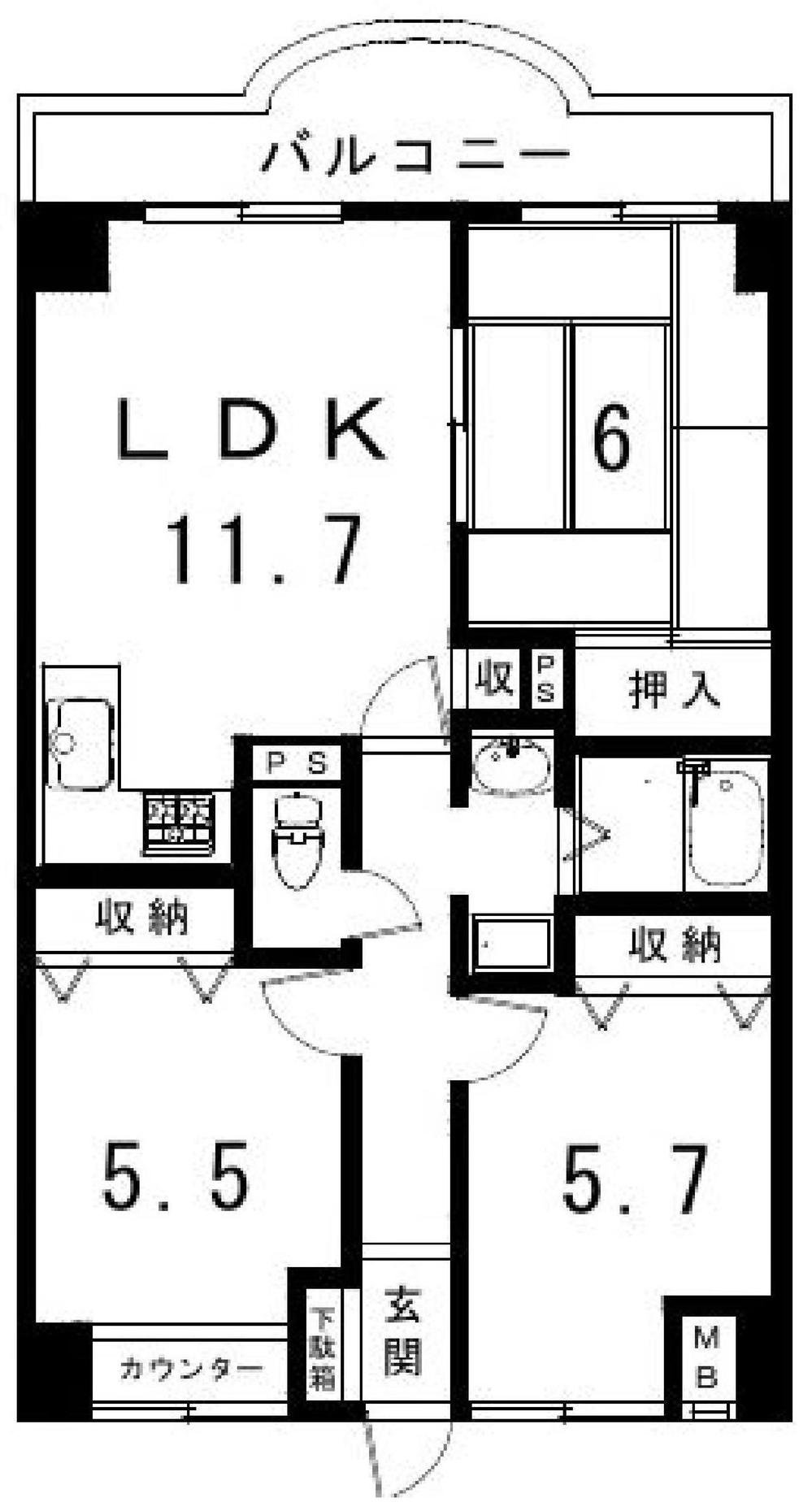 Floor plan. 3LDK, Price 8.5 million yen, Occupied area 63.18 sq m , Balcony area 9.53 sq m