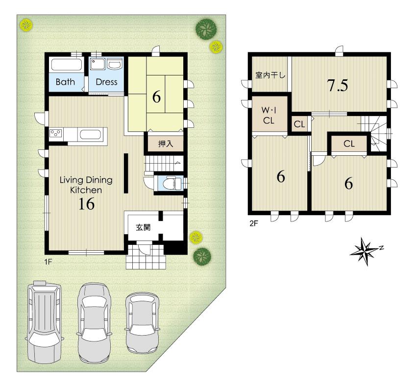 Compartment view + building plan example. Building plan example 4LDK, Land price 25,170,000 yen, Land area 173.4 sq m , Building price 16,430,000 yen, Building area 102.48 sq m