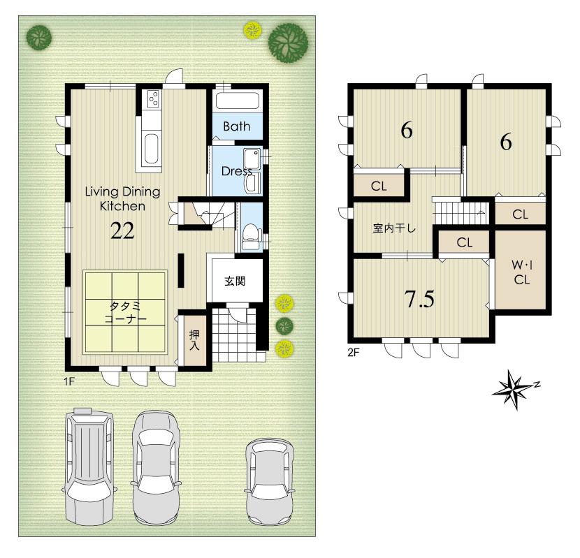 In addition to the spacious 22 quires of LDK, I am happy and there is also a tatami corner to play small children with peace of mind. Each of the storage and is on the second floor, "Room dry" space is recommended!  [Building plan example] No. 2 Location: building area 102.48