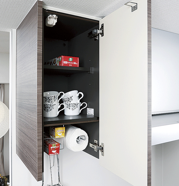 Kitchen.  [Kitchen hanging cupboard] Adopt a hanging cupboard convenient with earthquake-resistant latch for storage, such as tableware. On the bottom, Hanger type of housing with a kitchen paper and wrap holder is provided (same specifications)