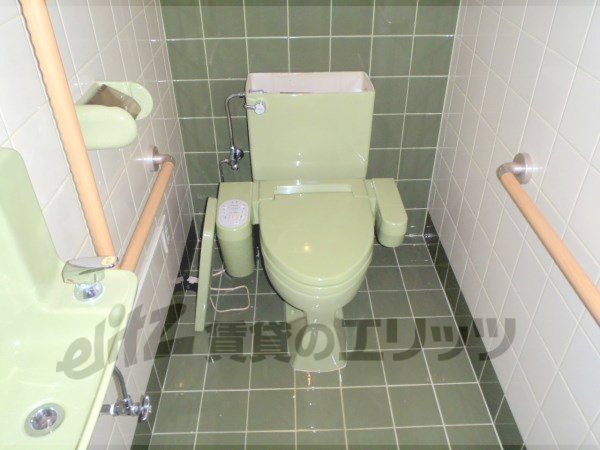 Toilet. Is the restroom which is also equipped with handrail
